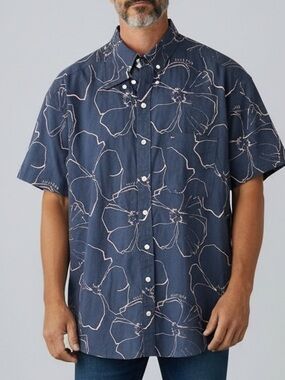 Tommy Hilfiger Men’s Navy Floral Short-Sleeve Button-Down Linen Blend Shirt